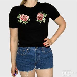 H&M Rose Embroidered T-Shirt Size X-Small Black